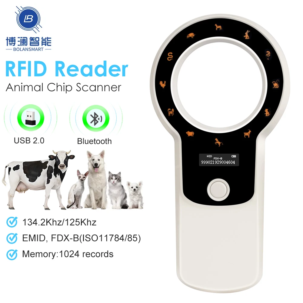 

Rechargable 134.2KHz/125KHz Pet ID Chip Reader Puppy Kitten FDX-B EMID Microchip Cow Pig Ear Tag Scanner For Animal Management