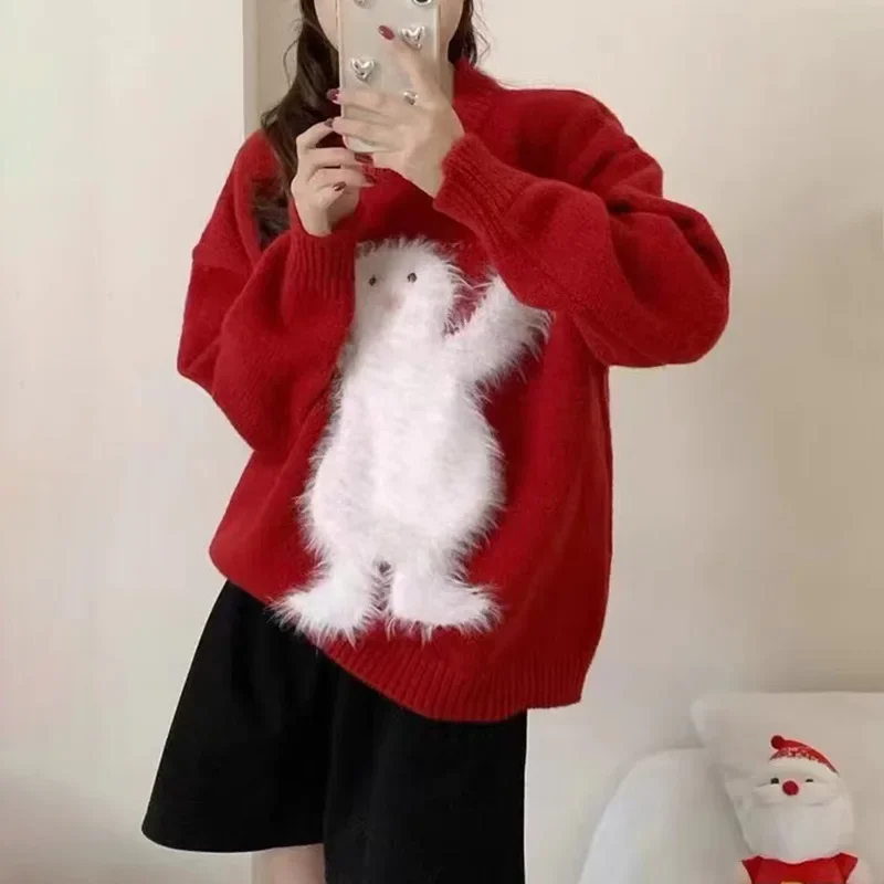 

DAYIFUN-Women's Christmas Cartoon Design Sweaters Loose Round Neck Knitted Pullovers Autumn Winter Lazy Style New 2023 Jumpers