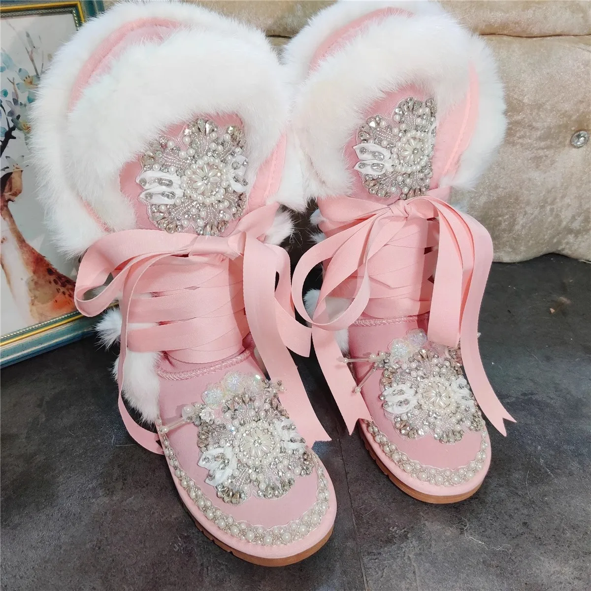 

Bling Rhinestone Beading Flower Rabbit Fur Pink Lace- Up Snow Boots Thick Sole Slip On Pink Suede Warm Winter Fur Booties Woman