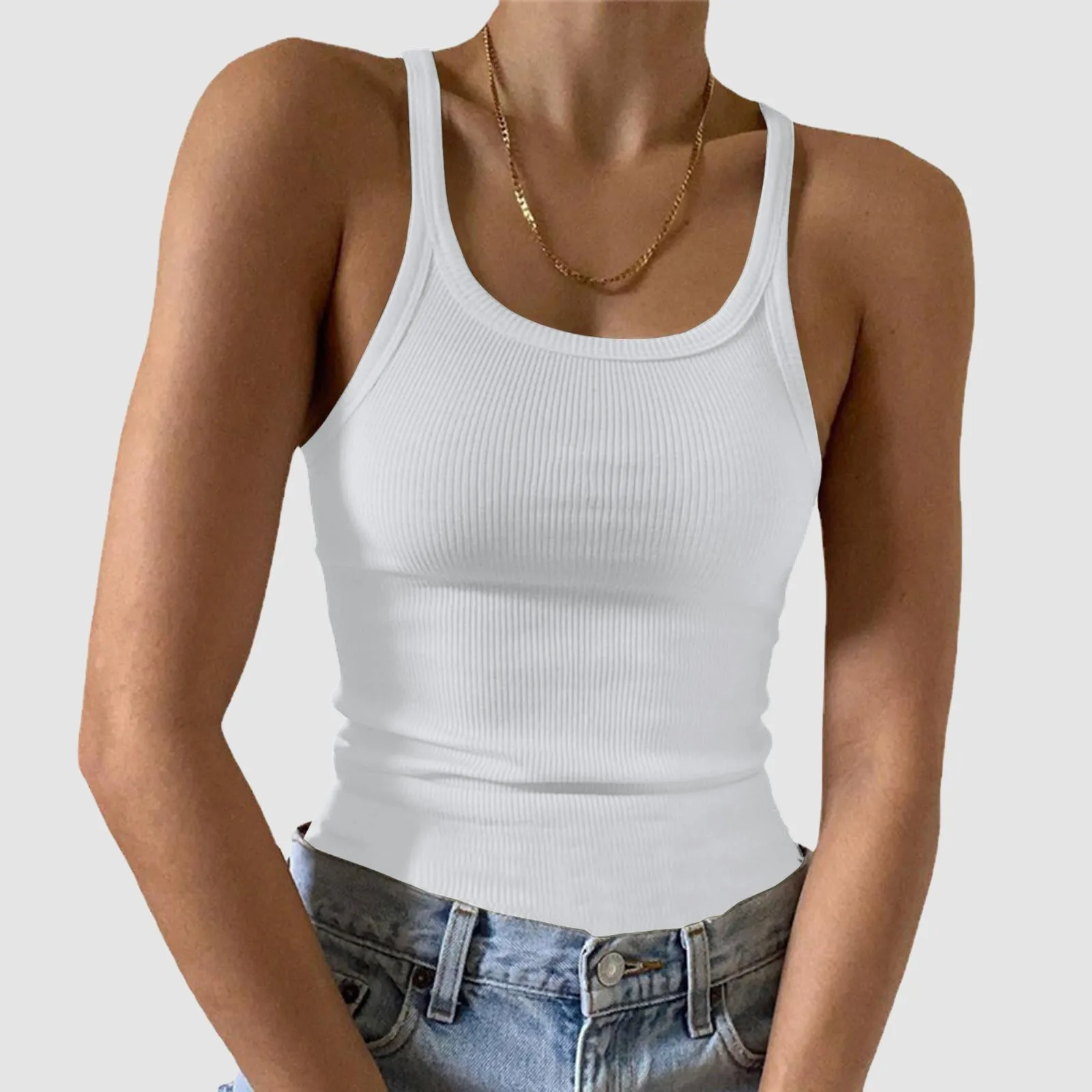

2024 Tank Top Women y2k Aesthetic Sleeveless Scoop Neck Slim Fit Shirts Solid Color Ribbed Vest 2000s Clothes Streetwear