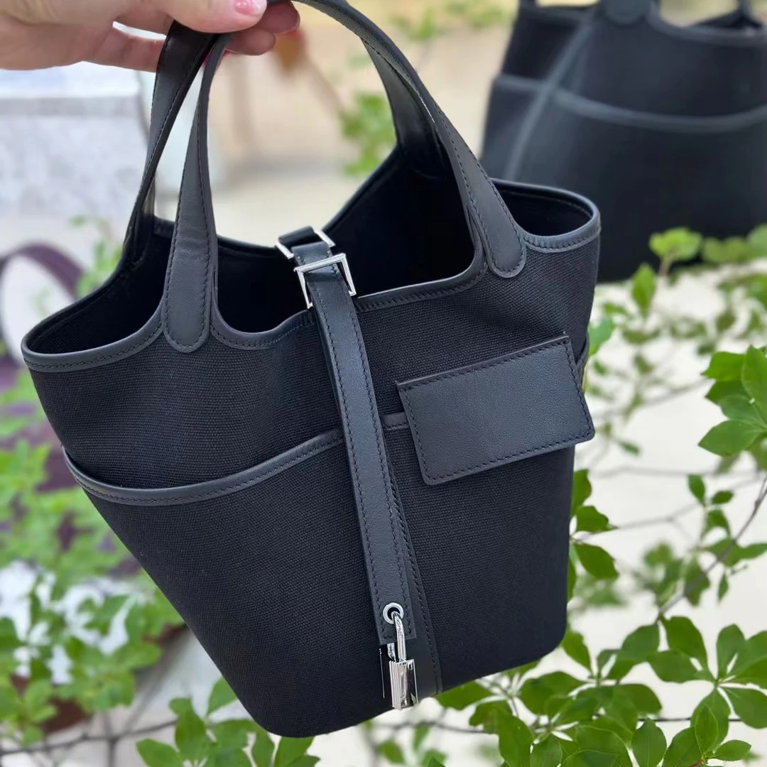 

Canvas Vegetable Basket Women's Bag Water Bucket Bag 18cm Combination Genuine Leather Head Layer Cowhide Fashion New Versatile