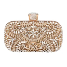 Diamond Evening Clutch For Women Wedding Golden Mini Purse Chain Shoulder Bag Small Hollow Out Flowers Crystal Party Handbag