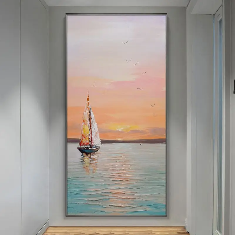 

Smooth Sailing New Chinese Texture Hand Drawn Oil Painting Living room foyer decoration painting, ocean scenery hanging painting