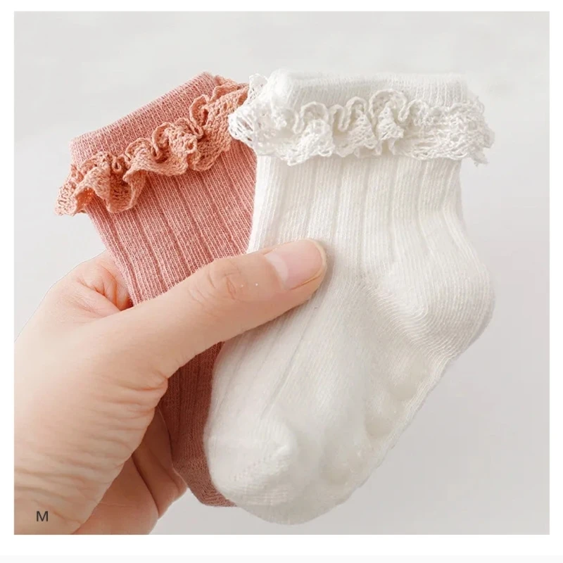 

0-6 Months Baby Cotton Socks Princess Girls Ruffled Lace Ankle Socks Strong Grips Short Calf Socks for Daily Wearing P31B