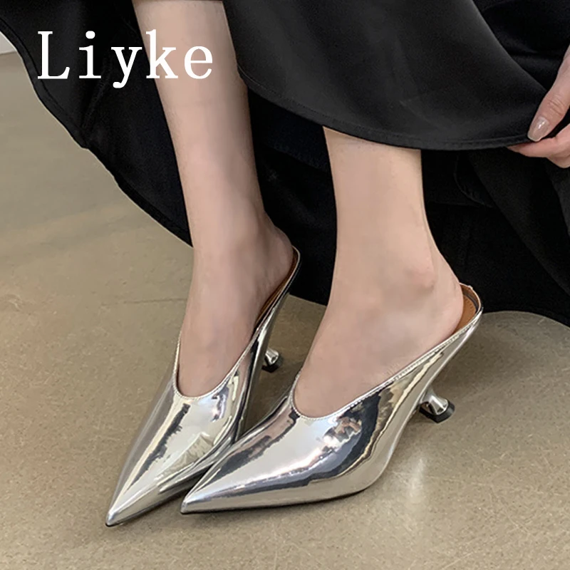 

Liyke Fashion Shallow Slip On Slingback Shoes Women Pumps Slippers Cozy Patent Leather Pointed Toe Mules High Heel Dress Sandals