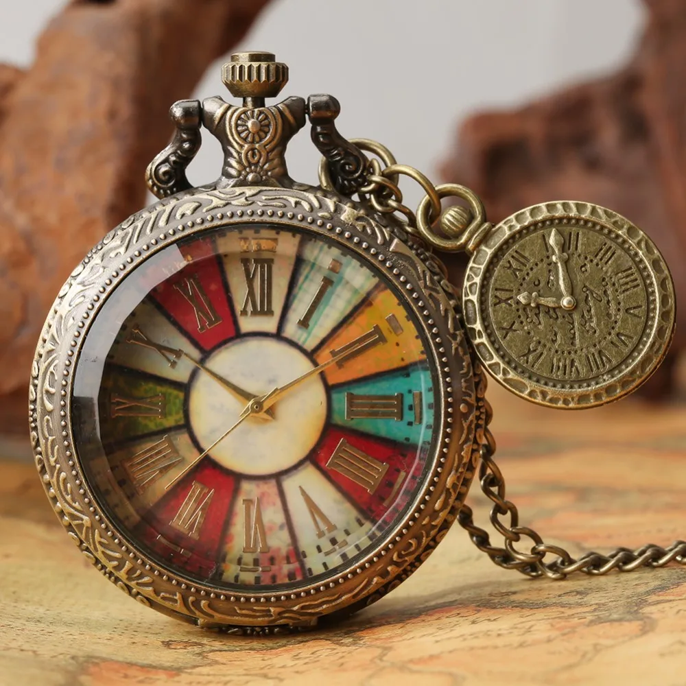 

Vintage Bronze Pocket Watch Necklace Gift Men Women Colorful Roman Numeral Dial With Roman Label Pendant Quartz Clock