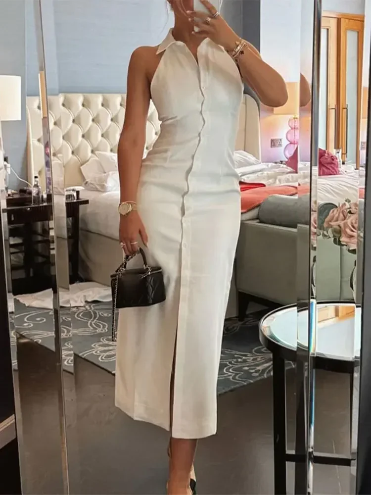 Белое модное приталенное платье с отворотом и открытыми плечами, повседневное Элегантное однобортное платье макси без рукавов, женское пляжное платье для отпуска
Белое модное приталенное платье с отворотом и открытыми плечами, повседневное Элегантное однобортное платье макси без рукавов, женское пляжное платье для отпуска
