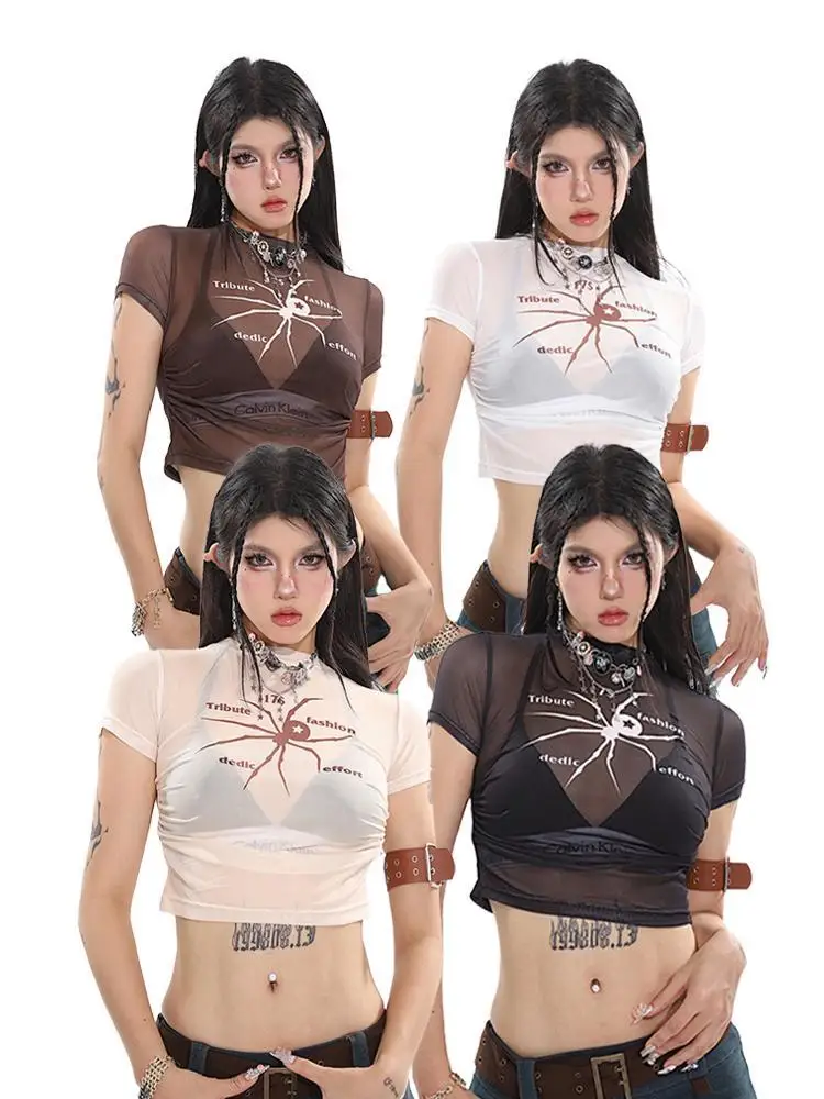 American hot girl spider print pleated see-through mesh short-sleeved women summer tight-fitting slimming navel-baring short top
American hot girl spider print pleated see-through mesh short-sleeved women summer tight-fitting slimming navel-baring short top