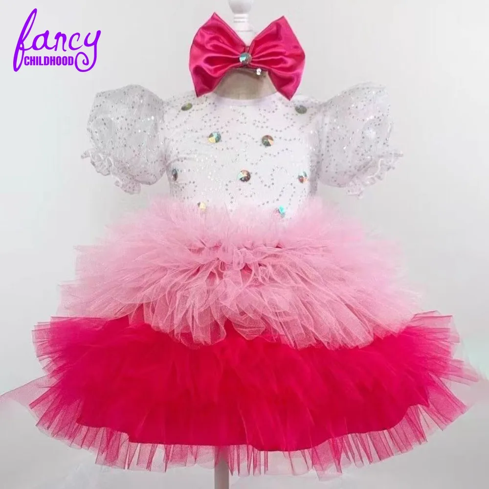 

Cute Children Pink Rhinestone Sequins Princess Tutu Dress Piano Performance Costume Children Host Flower Girl Birthday Dress