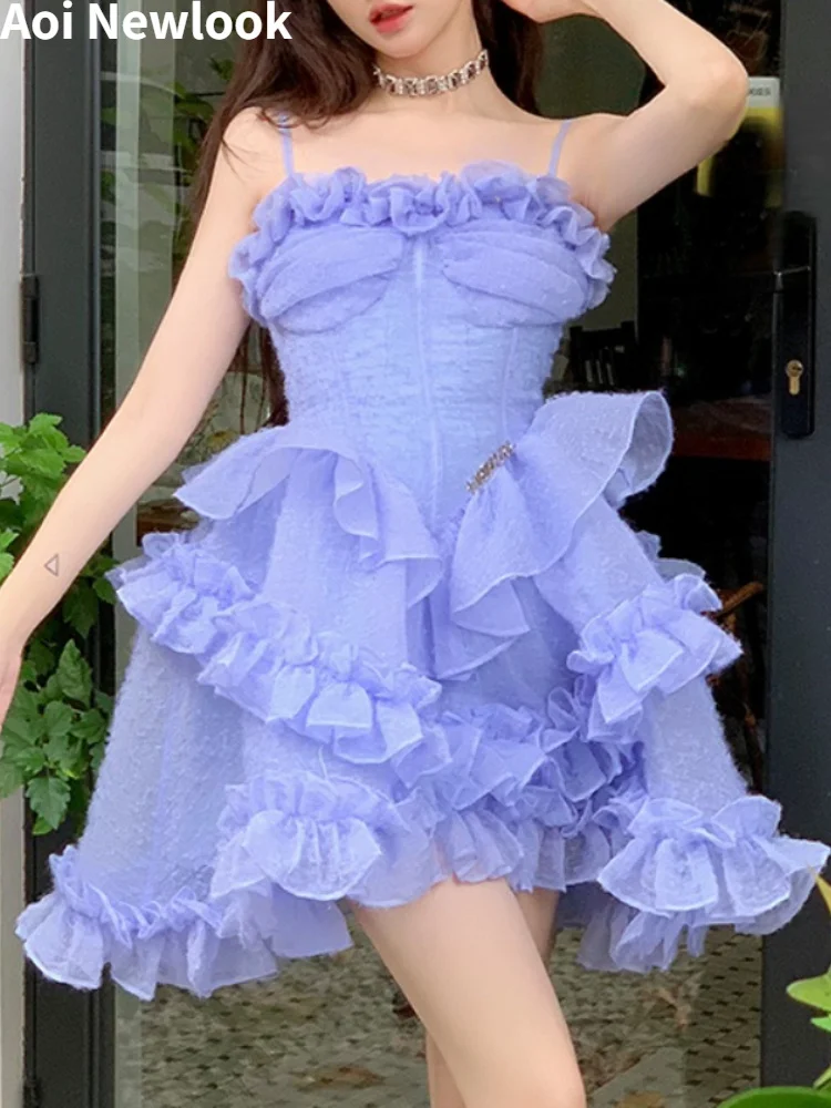 

Aoi Fashion Sweet Blue Sling Dress Women 2023 Summer New High Quality Slim Fit Ruffled A- Line Skirt Party Holiday Clothing