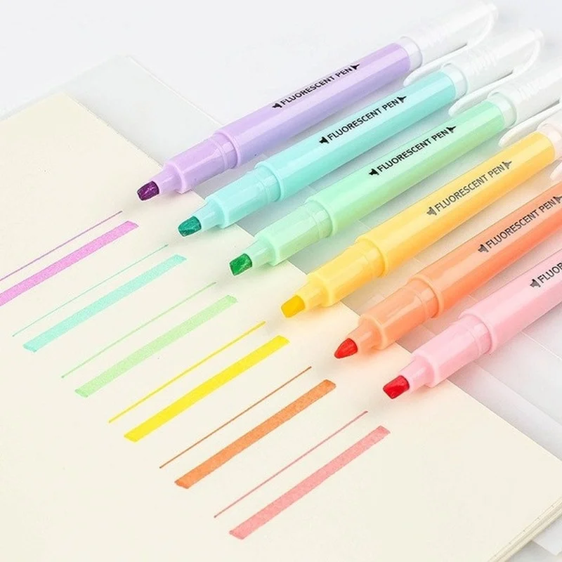 

6Pcs/Set Double Head Fluorescent Highlighter Pen Markers Pastel Drawing for Student School Office Supplies Cute Stationery