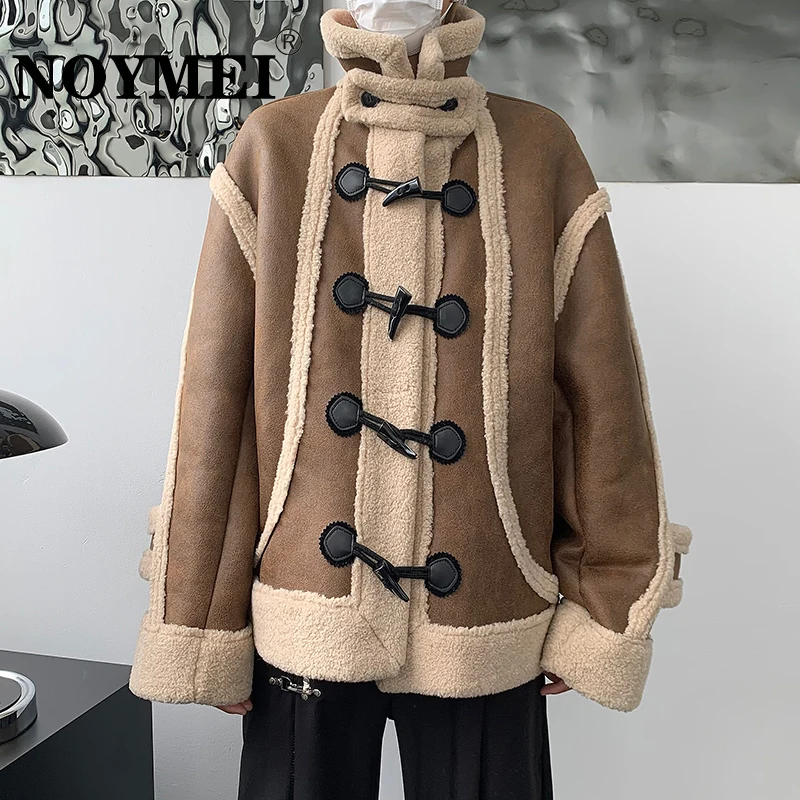 

NOYMEI 2024 Winter Patchwork Jacket Suede Fur Integrated Cowhorn Button Warm Lamb Wool Cotton Coat Stand Collar Khaki WA3510