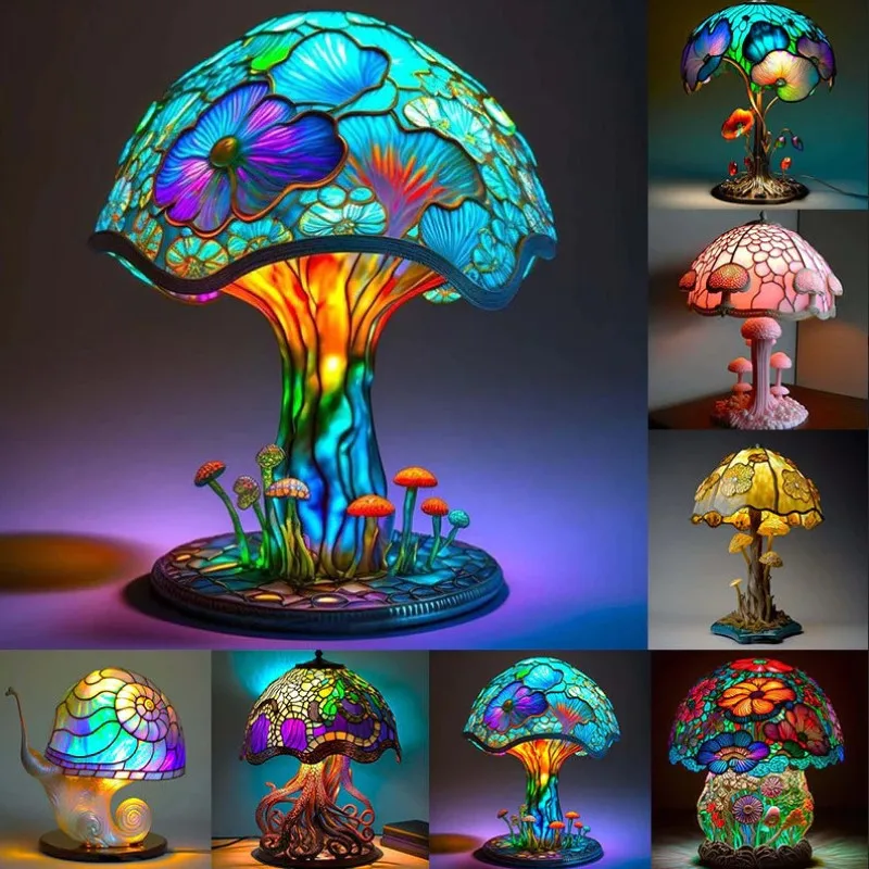 

Flower Mushroom Vintage Stained Glass Plant Series Table Lamps Snail Octopus Resin Colorful Atmosphere Light Desk Decoration