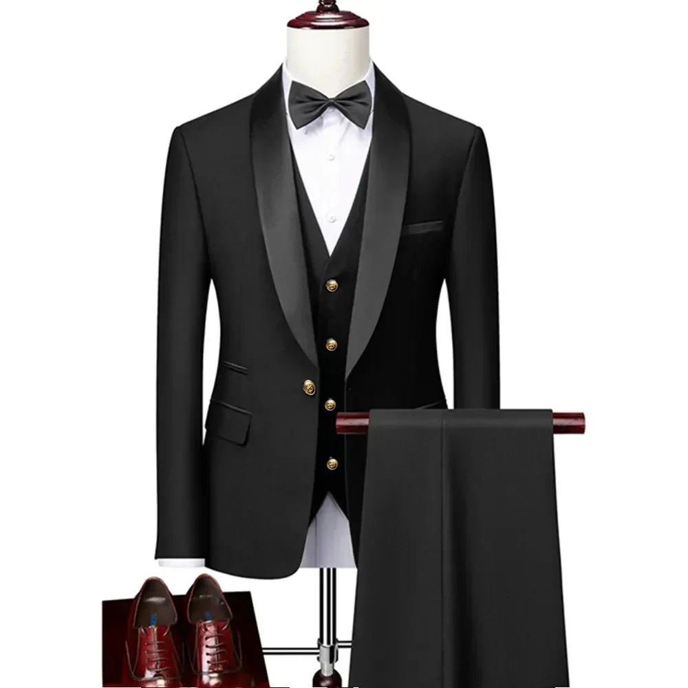 

Men Lapel Black Collar 3 Pcs Suit Set Coat Vest Trousers / Business Groomsmen Groom Wedding Dress Fprmal Blazer Pants Waistcoat