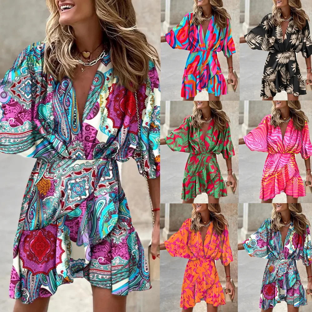 

Платье женское шифоновое с цветочным принтом, повседневный пляжный сарафан в стиле бохо, с V-образным вырезом, с оборками и коротким рукавом, наряд для отдыха, на лето