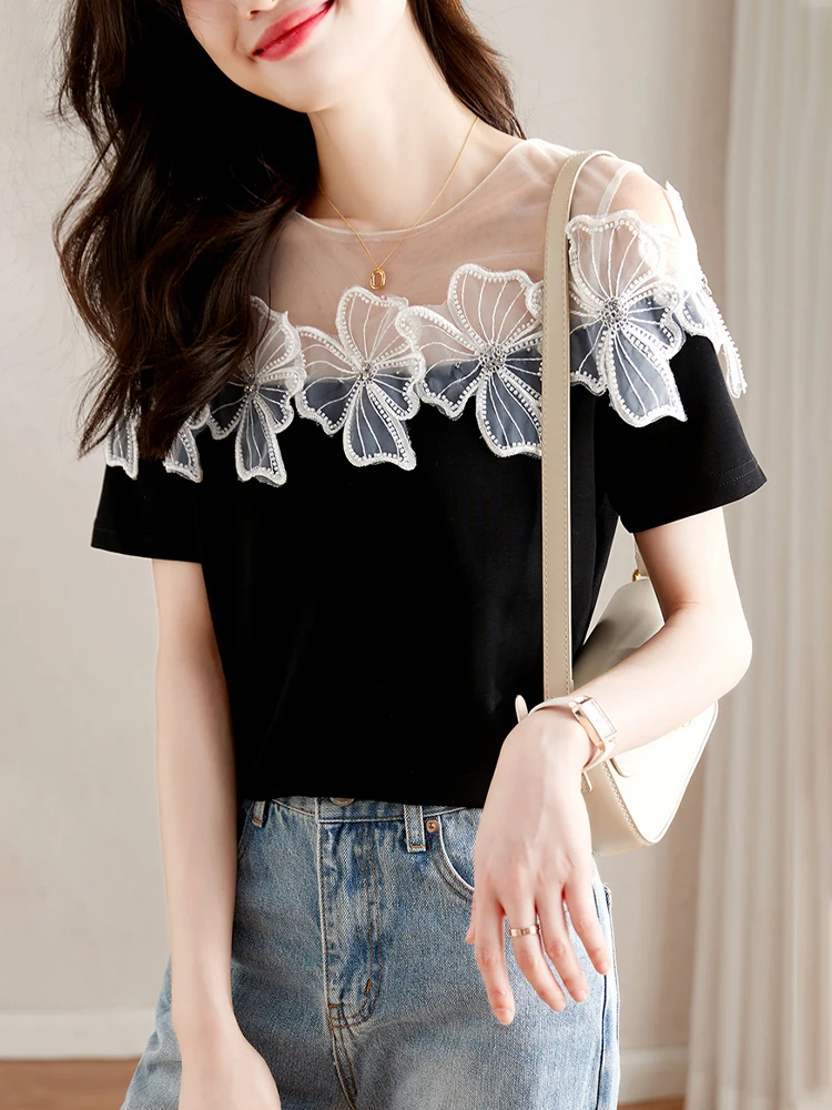 2023 Ropa Mujer Summer Tshirts for Women Elegant Patchwork Gauze Beading Chic T Shirt Temperament Luxury Tops Women Clothes 
2023 Ropa Mujer Summer Tshirts for Women Elegant Patchwork Gauze Beading Chic T Shirt Temperament Luxury Tops Women Clothes