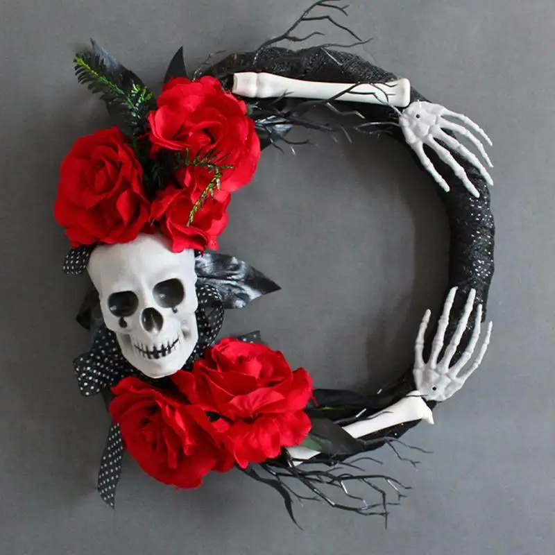 

Halloween Wreath Skull Halloween Door Wreath Skull And Skeleton Rose Garland For Front Door Wall Creepy Halloween Decoration