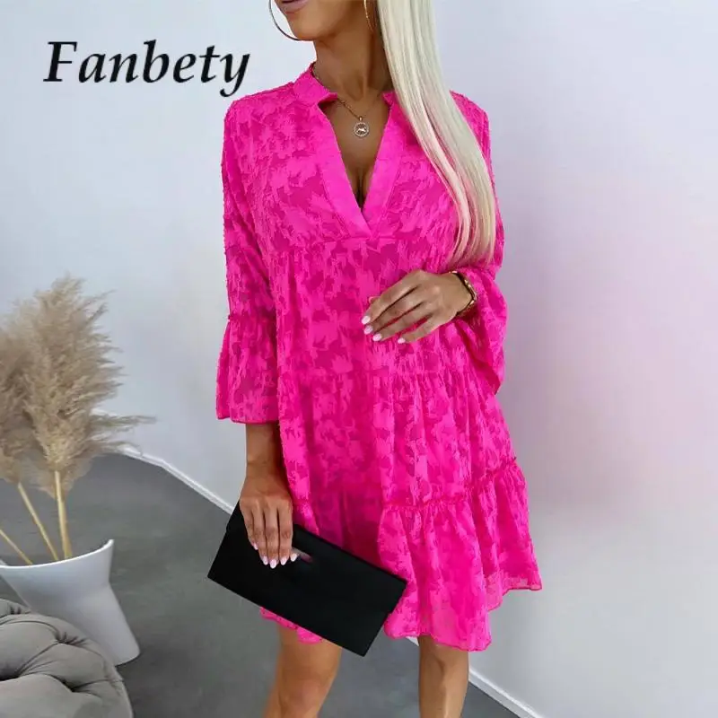 Women Fashion V-Neck Pleated Boho Midi Dress Lady Commute Rose Red Shirt Dresses Autumn Appliques Pattern Loose 3/4 Sleeve Dress
Women Fashion V-Neck Pleated Boho Midi Dress Lady Commute Rose Red Shirt Dresses Autumn Appliques Pattern Loose 3/4 Sleeve Dress
