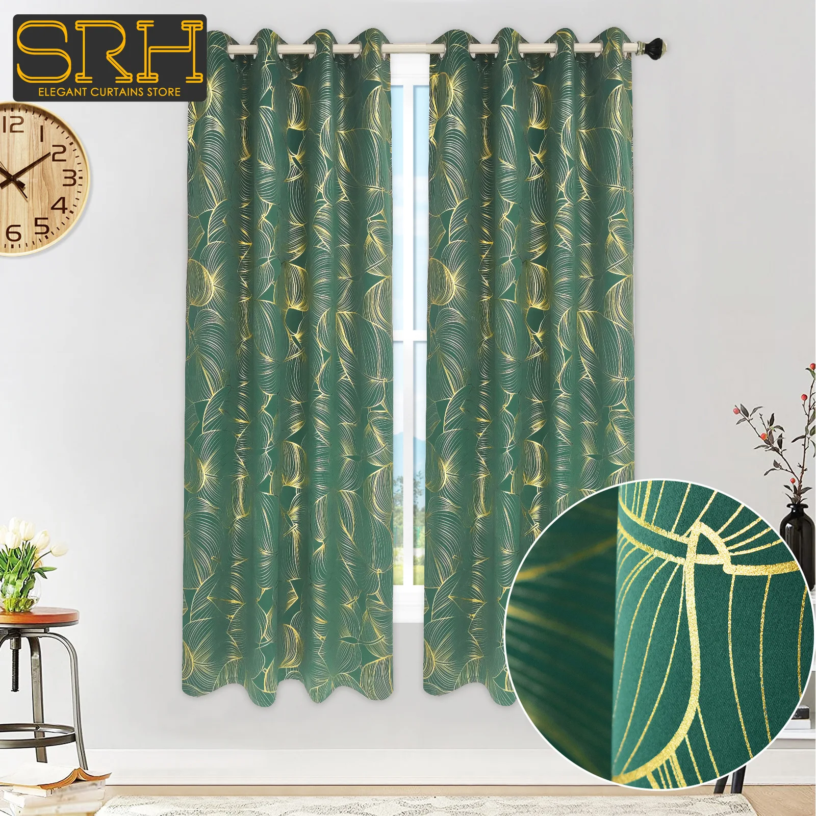 

Modern Hot Stamping Curtains for Living Room, Dining Room Bedroom Gold Foil Printed Green Luxury Blackout Thicken Curtain Custom