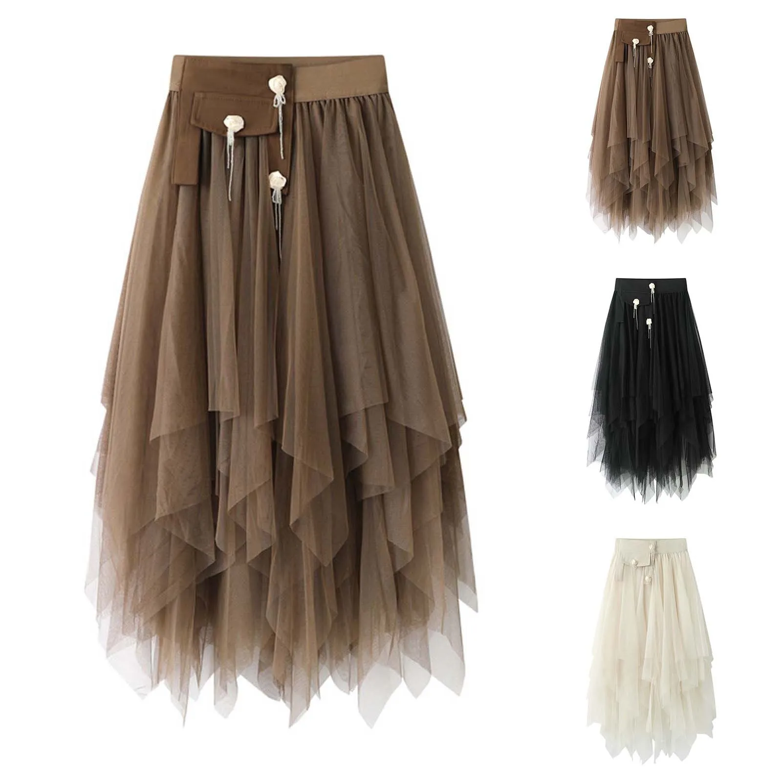 

2024 Spring New Mesh Stitching Pleated Skirt Female High-Waisted Slimming Irregular Skirt Mid-Length A-Line High Waist Skirt