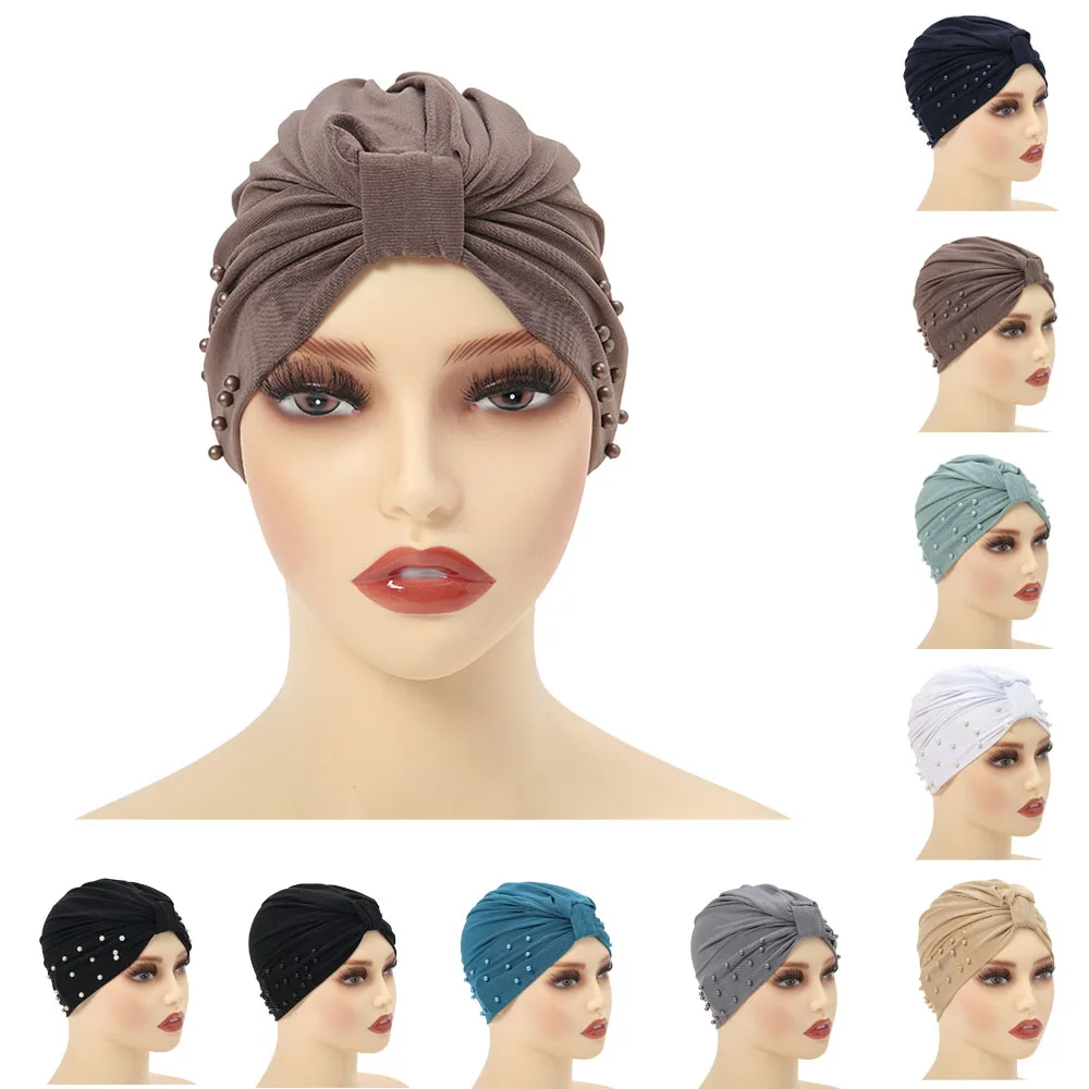 

Fashion Solid Color Women Muslim Headscarf Top Knotted Turban Hat Beads Sleep Hat Inner Hijab Bonnet Femme Head Cover Headwrap