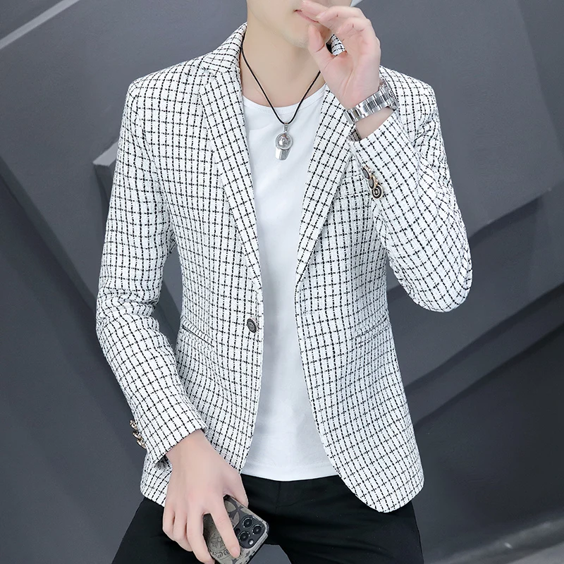 

Striped Plaid Print Casual Blazers For Men Hairstylist Slim Fit Spring Fashion High Quality Suits Coat Gentleman Terno Masculino