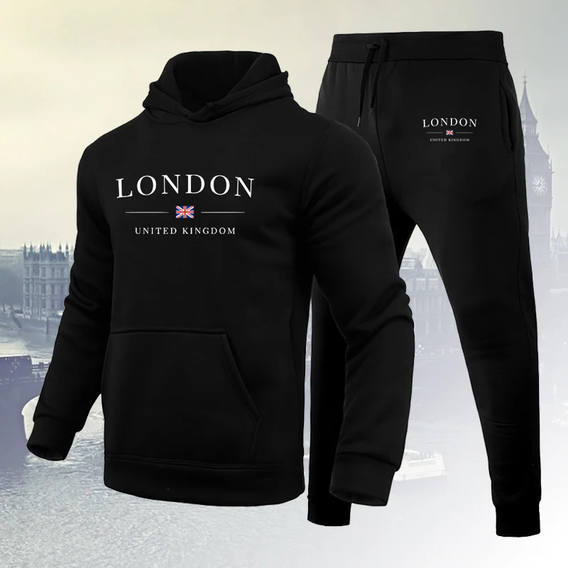 

Men's Luxury Hoodie Set London Print Sweatshirt Sweatpant for Male Hoody Jogging Trousers Suit Casual Streetwear 2 Pcs Tracksuit
