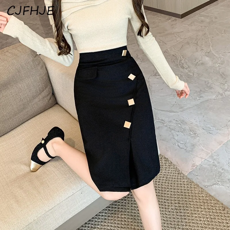 

CJFHJE New Spring Women's Contrast Button Fashionable Fishtail Skirt Retro Elegant Women Asymmetric High Waist Wrapped Hip Skirt
