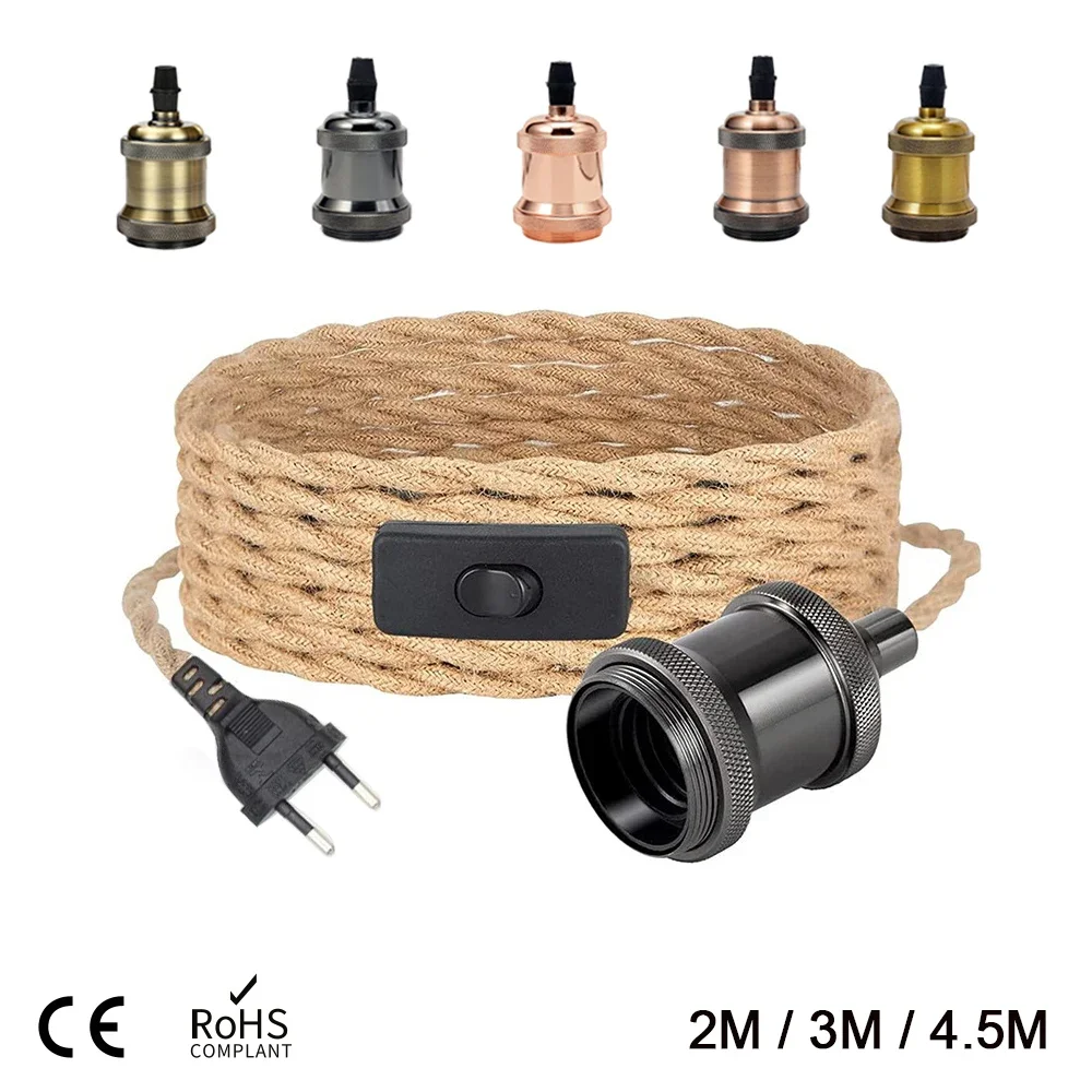 

4.5M Power Cord Pendant Light Twist Hemp Rope Cables E26 E27 Lamp Holder EU Plug with Switch Wire Edison Bulb Socket Cord Cable