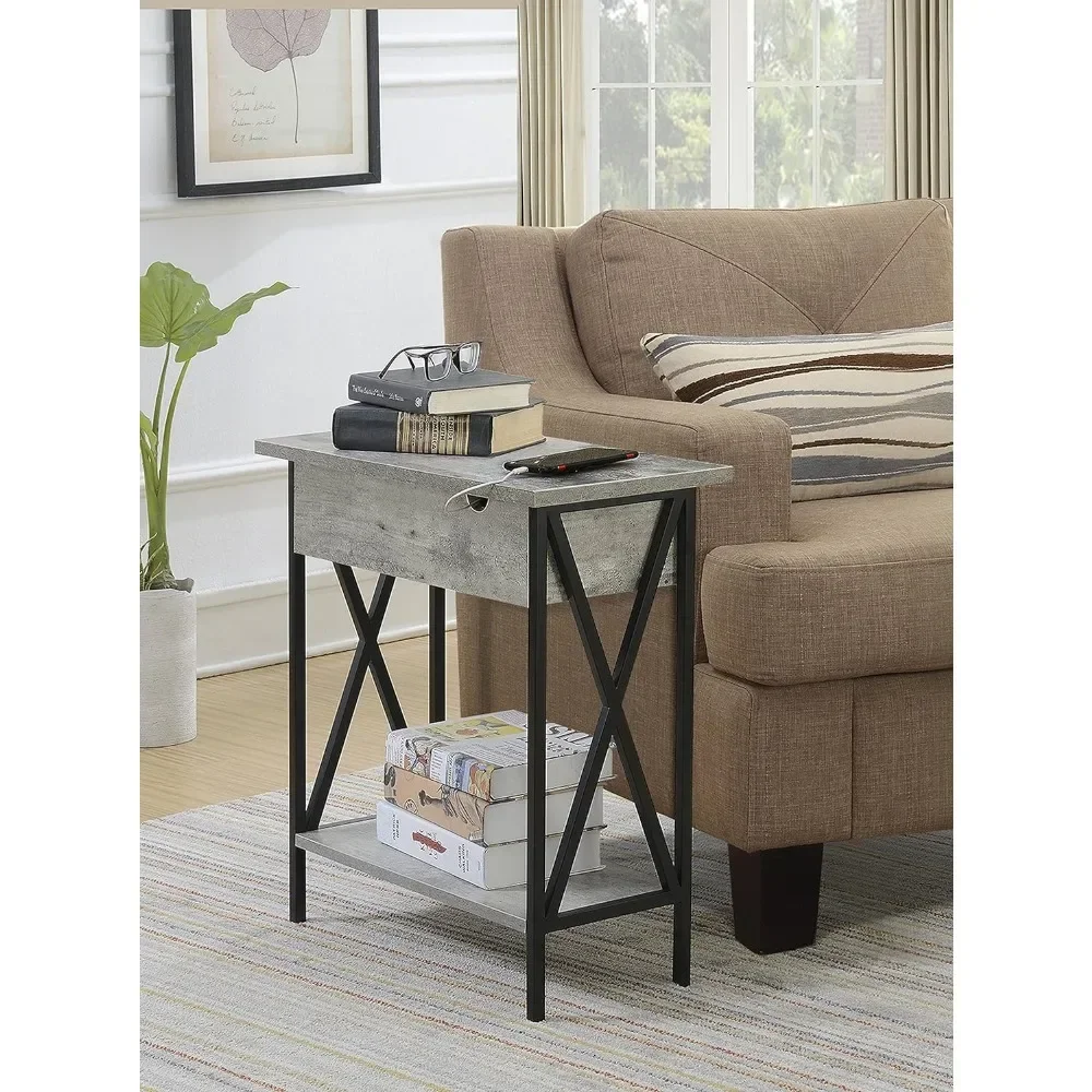 

Coffee Table, Flap Top Table with Charging Station and Shelf,23.75" L x 11.25" W x 24" H,Faux Birch/Black Living Room Side Table