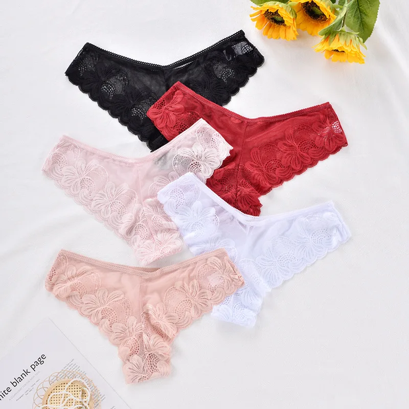 

3Pcs Floral Sexy Transparent Thong Women Low Waist Breathable Ladies Panties Hollowed Out Flower Pattern Underwear Sexy Lingerie