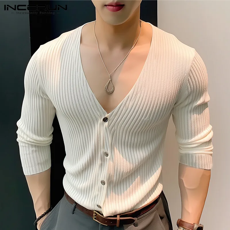 

INCERUN Tops 2024 Korean Style Men's Solid Color Knitted Striped Shirts Fashionable Casual Male V-neck Long Sleeved Blouse S-5XL