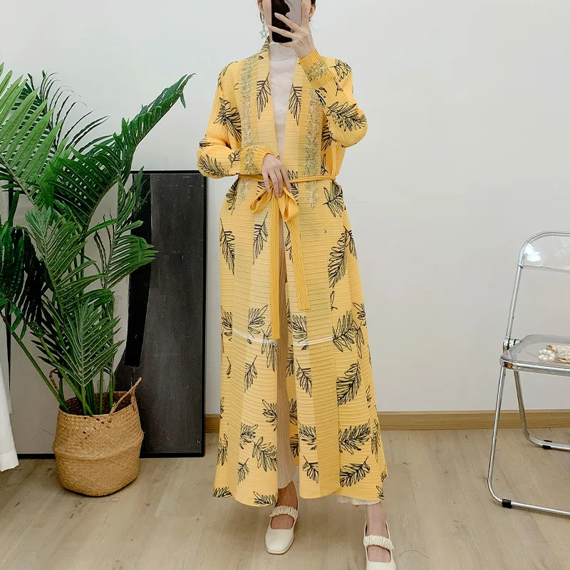 

Miyake Pleated Turndown Collar Vintage Printed Long Sleeve Dress Women 2024 New Original Designer Abaya Fashion Classical Coats