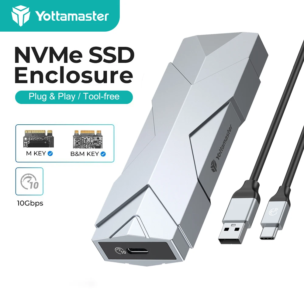 

Yottamaster 10Gpbs NVMe Enclosure 6Gpbs SATA SSD Case Type C USB3.1 Gen2 M.2 NVMe PCIE External Hard Drive Enclosure Storage Box