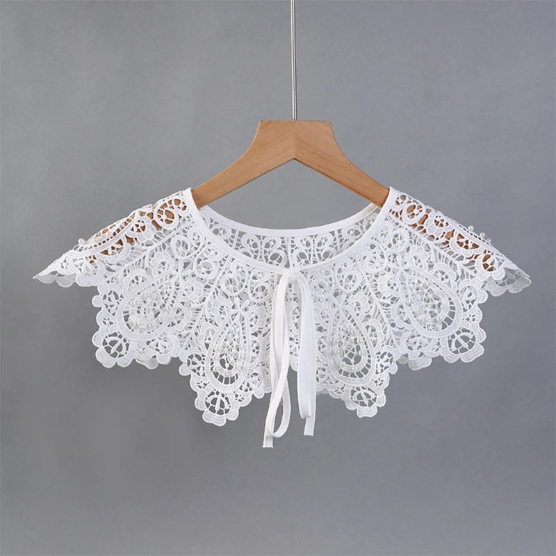 

Women Hollow Out Crochet Lace Shawl Fake Collar Shiny Imitation Pearl Beaded Necklace Blouse Top Elegant Bowknot Capelet