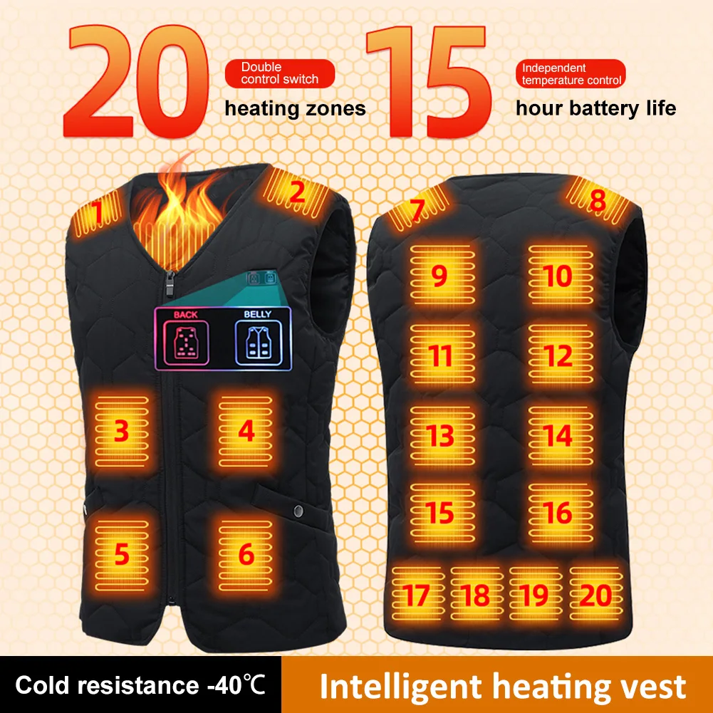 20 Heating Zones Electric Heated Vest Washable Winter Thermal Jacket Sleeveless Vest Body Warmer For Outdoor Cycling Skiing
20 Heating Zones Electric Heated Vest Washable Winter Thermal Jacket Sleeveless Vest Body Warmer For Outdoor Cycling Skiing
