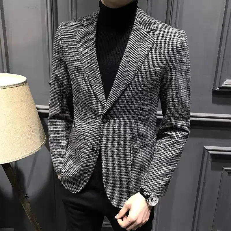 

2023 Spring Autumn Men's New Houndstooth Casual Blazers Man Business Suit Jacket Male Notched Wedding Coat for Prom Party I419