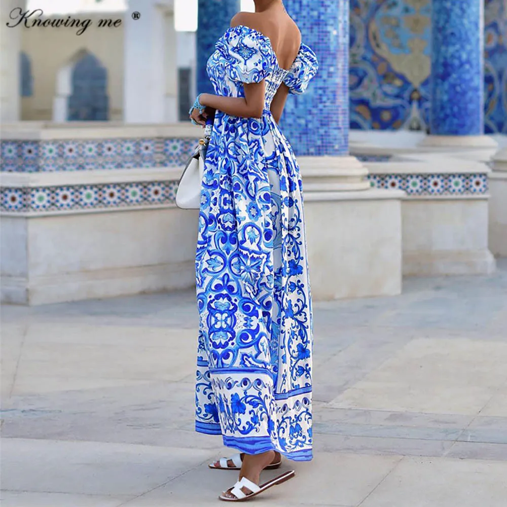 

Summer Backless Beach dress Women Sexy Slash Neck Puff Sleeve Long Dress Elegant High waist print Vacation Maxi Dresses Female