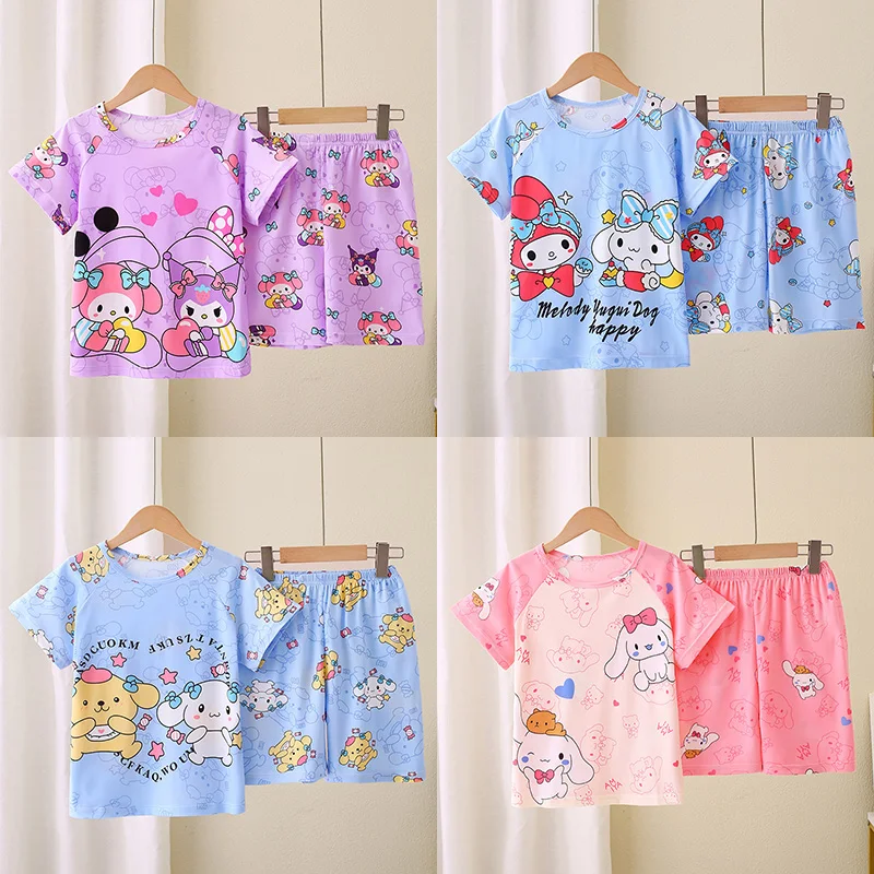 

2024 Summer Children's Pajamas Kawaii Anime Cinnamoroll Kuromi My Melody Kids Milk Silk Sleepwear Girl Pijamas Sets Boy Homewear