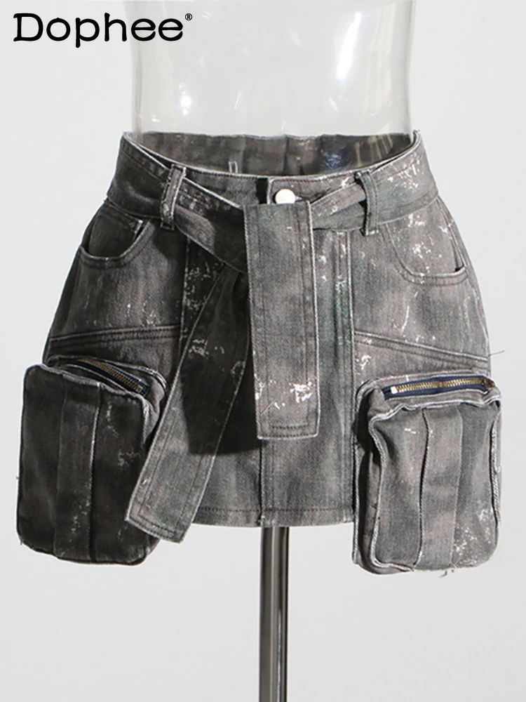 

Women Denim Skirt Camouflage Slim Spliced Multiple Pockets Zippers Lace Up Belt Mini Skirts 2023 Summer New Fashion Short Faldas