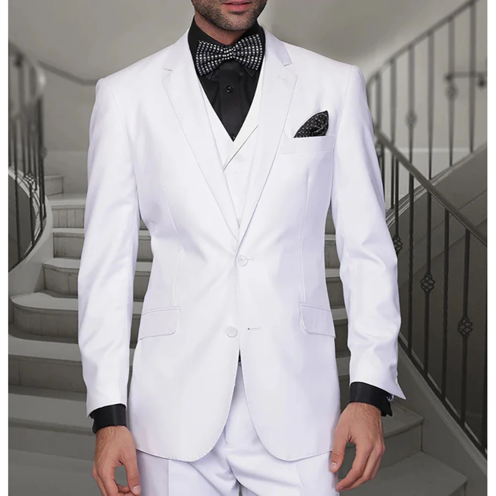 

White Handsome Groom Wedding Men Suits Single Breasted Notch Lapel Fomal 3 Piece Jacket Pants Vest High Quality Male Clothing