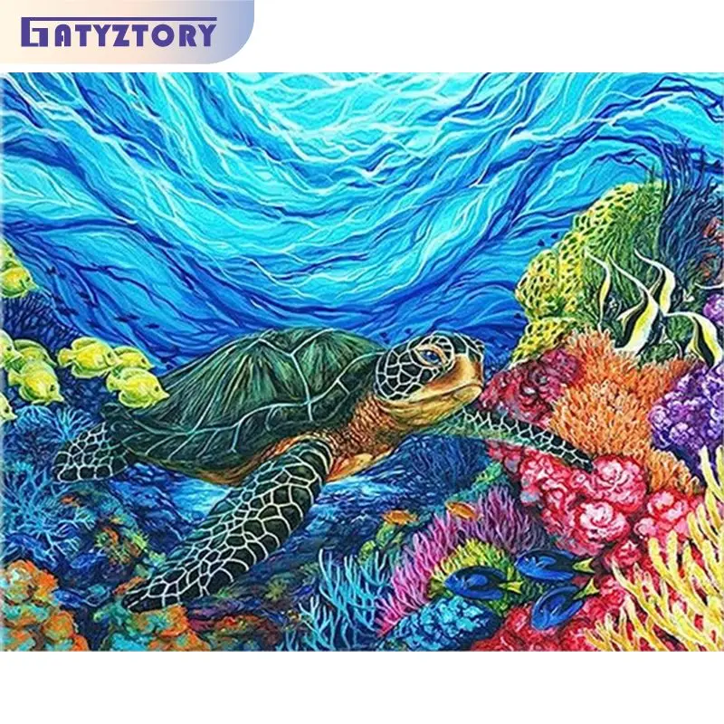 

GATYZTORY Oil Paint By Numbers With Frame Coloring By Numbers Ocean Scenery Turtle Canvas Painting Artwork Decors Diy Gift