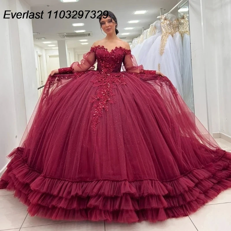 

EVLAST 2024 Burgundy Quinceanera Dress Ball Gown Lace Applique Beading Long Seeve Tiered Sweet 16 Vestido De 15 Anos TQD395