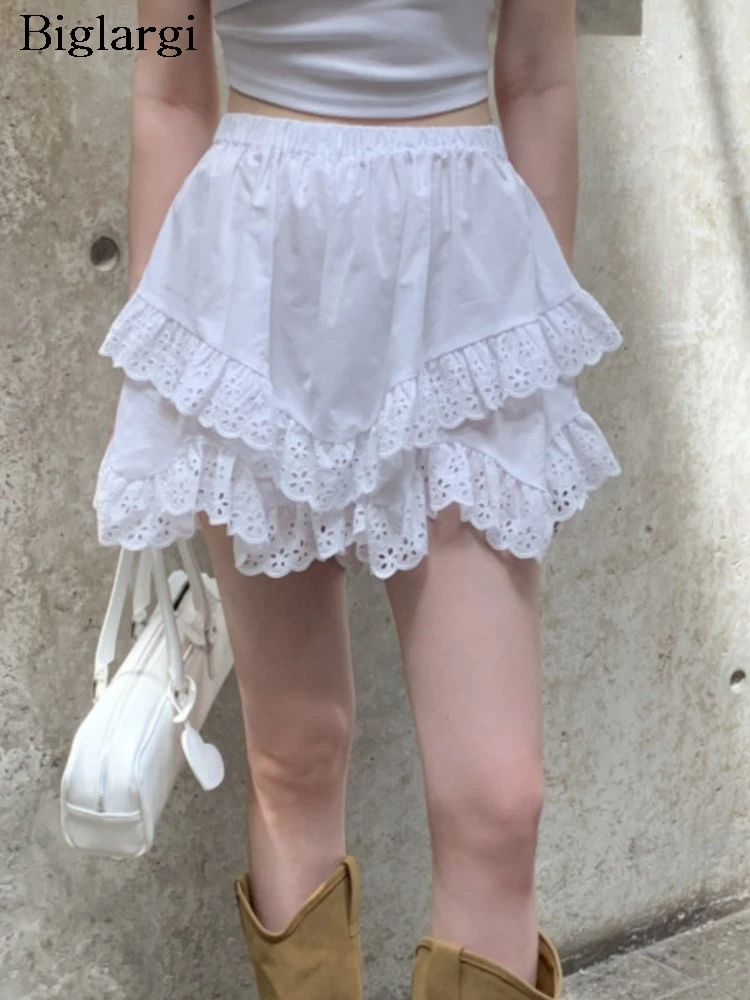 

Elastic High Waist Modis Summer Lace Patchwork Mini Shorts Skirts Women Ruffle Pleated Korean Ladies Trousers Loose Woman Shorts