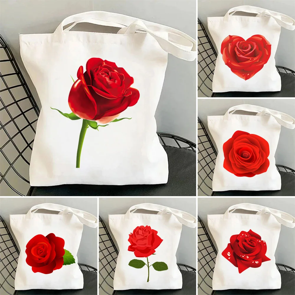 

Red Rose Flower Printed Love Cartoon Fashion Roses Tote Bag Shopping Shoulder Bags Large Capacity Reusable Shopper Handbags