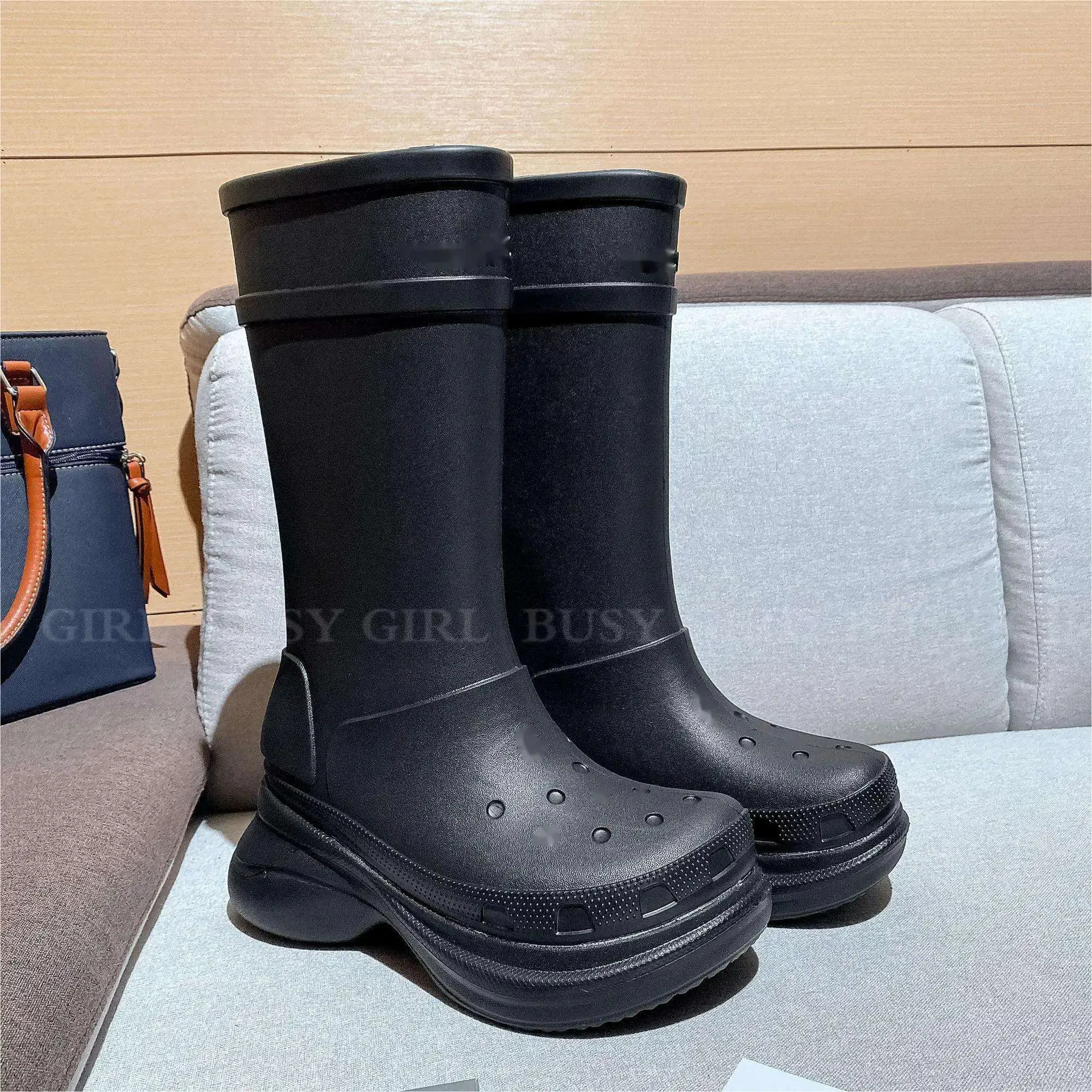 

Unisex Rubber Waterproof Thick Sole Flats Knee High Platform Round Toe Slip-On Jelly Color Croc Long Rain Boot Couples Size 45