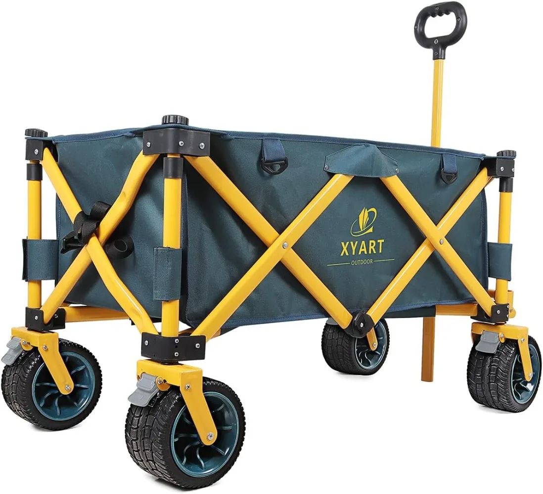 

XYART Collapsible Wagon Cart Utility Folding Carts Heavy Duty for Outdoor Camping Beach Garden with Big Wheels Dark Green Yellow