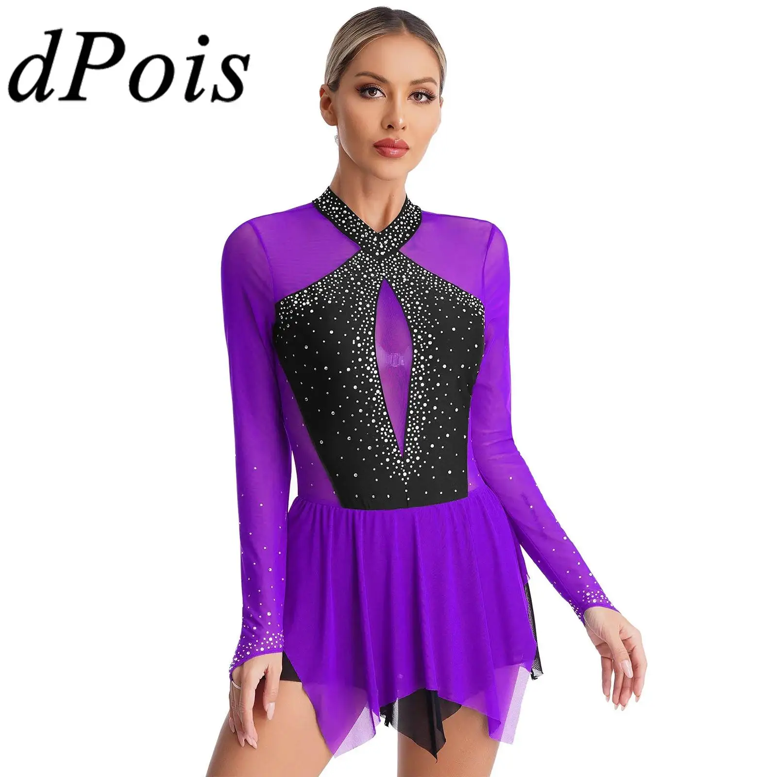 

Women's Sparkling Rhinestones Figure Ice Skating Dress Irregular Hem Ballet Dance Leotard Dress Long Sleeve Lyrical Dancewear