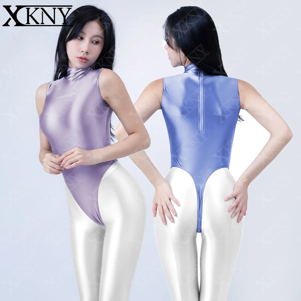 

XCKNY satin glossy swimsuit high neckline zippered swimsuit oily tight elastic silk smooth T-shaped swimsuit AMORESY