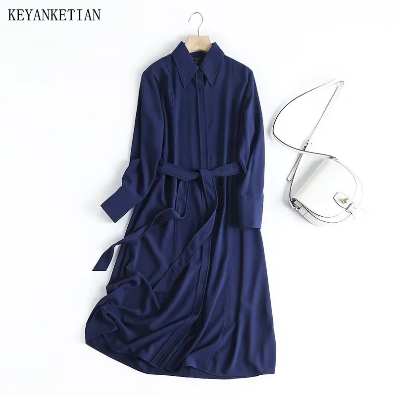 

KEYANKETIAN 2024 New Launch Women's Long Shirt Dress With Belt Seam Detail Elegant Simply Single Breasted Loose MIDI Dress